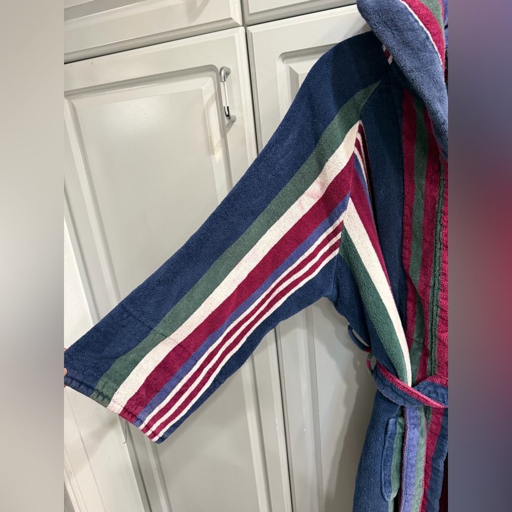 BILL BLASS Terry Cloth Vintage Striped Hooded Bathrobe belt & pockets 3/4 sleeve - Picture 11 of 15